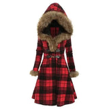Hooded fur and woolen mid-length coat-Red-1