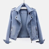 Women's Zippered Denim Jacket-Light Blue-1
