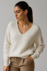 Soft white ribbed knit v-neck sweater for women