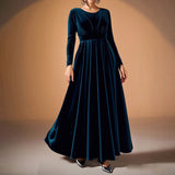 Women's Elegant Velvet Pleated Long Sleeve Cocktail Party Formal Wedding Guest A-Line Maxi Long Dress