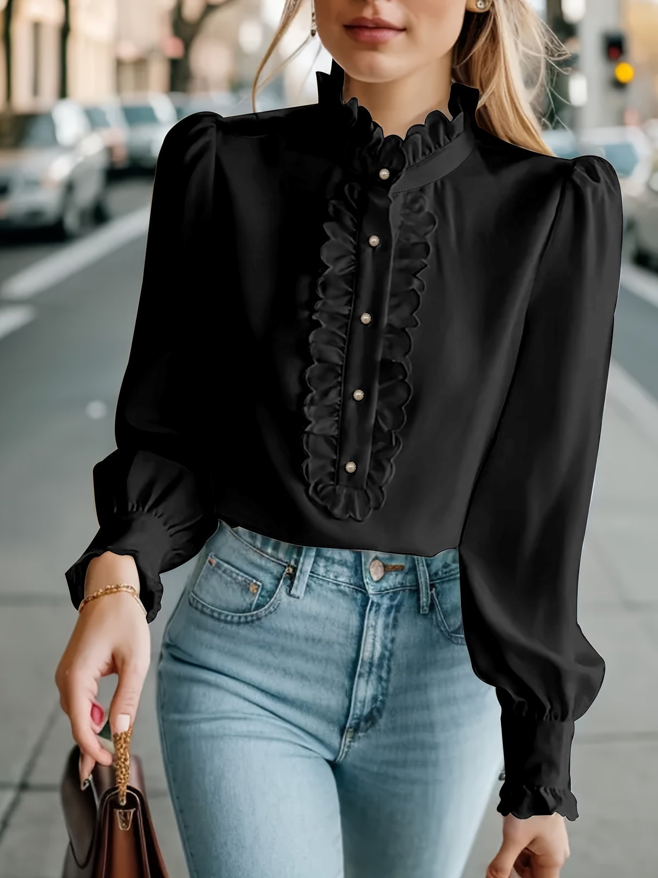 Fashionable Stand-Up Collar Long-Sleeved Shirt with Lotus Leaf Hem | Elegant & Unique