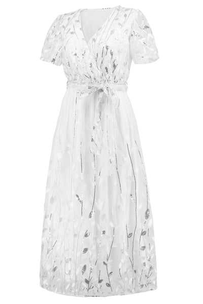 Sequin Leaf Embroidery Tie Front Short Sleeve Dress