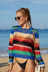 Angel Wings Rainbow Stripe Openwork Long Sleeve Cover-Up-Roral Blue-1