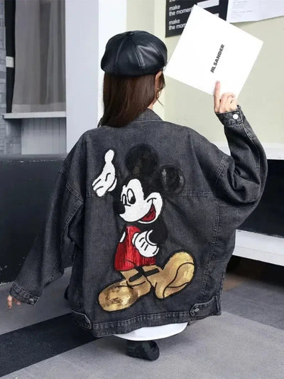 Oversized Cartoon-Embroidered Denim Jacket – Trendy and Playful