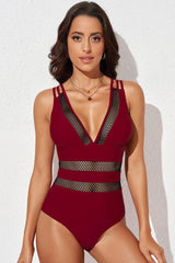 Printed Mesh Plunge One-Piece Swimsuit-Deep Red-1