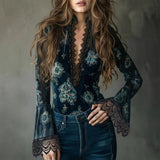 Women's Retro Lace Panel Blouse Elegant V-Neck Print Bell Long Sleeve Top For Spring Autumn Daily Wear