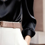 Women's Elegant V-Neck Long Sleeve Solid Color Satin Top Slim Fit Blouse For Office Party & Daily Wear