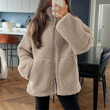 Winter Lapel Zip-Up Fleece Coat – Casual Solid Color Jacket with Pockets | Cozy Long-Sleeve Outerwear for Women-Coffee-2