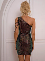 Sequin Rhinestone Chain Detail One-Shoulder Bodycon Dress-5