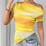 Women's Tie Dye One-Shoulder Mesh Top Ruched Asymmetrical Tee