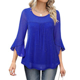 Womens Ruffle 3 4 Sleeve Sparkle Top Blouses Casual Shirts Crew Neck Glitter Night Out Tops