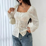 Women's Square Neck Puff Sleeve Eyelet Lace Hollow Out Button Top Blouse