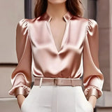 Women's Elegant V-Neck Long Sleeve Solid Color Satin Top Slim Fit Blouse For Office Party & Daily Wear