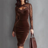 Women's Solid Color Sexy Lace Trim Bodycon Midi Dress, Long Sleeve Party Dress For Spring Autumn Evenings