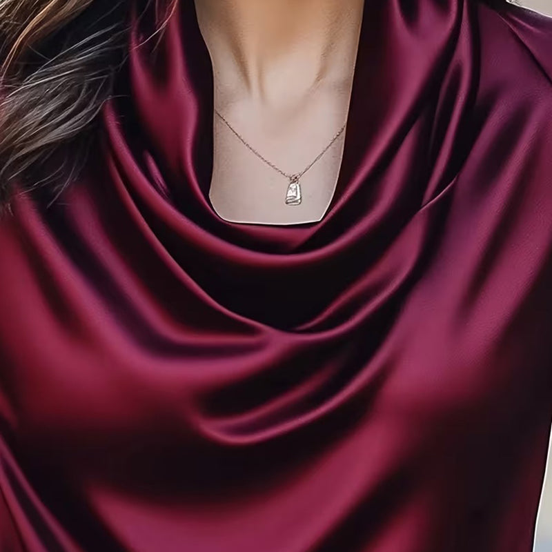 Shiny Cowl Neck Ruched Blouse