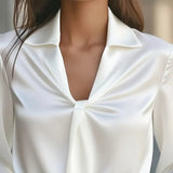 Satin Ruffle V-Neck Blouse