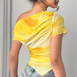 Women's Tie Dye One-Shoulder Mesh Top Ruched Asymmetrical Tee