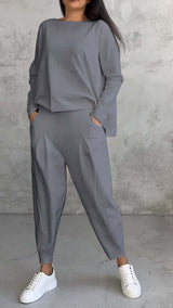 Women's Irregular Design Long-sleeved Sweater Harem Pants Suit-Gray-9