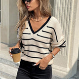 Striped V-Neck Bow Back Sweater