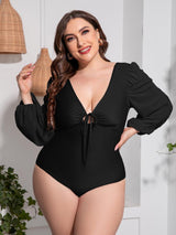 Plus Size Tied Deep V Balloon Sleeve One-Piece Swimsuit-3