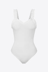 Ribbed Ruffle Trim Sleeveless Bodysuit-White-10