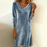 Women's Elegant Solid Color Velvet Cowl Neck Midi Dress, Long Sleeve Comfortable Dress For Spring & Autumn