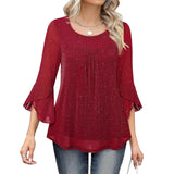 Womens Ruffle 3 4 Sleeve Sparkle Top Blouses Casual Shirts Crew Neck Glitter Night Out Tops