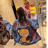 Oversized Denim Jacket with Cartoon Embellishments – Vibrant Street Style