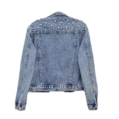 Pearl-Embellished Denim Jacket – Glamorous Twist on a Classic