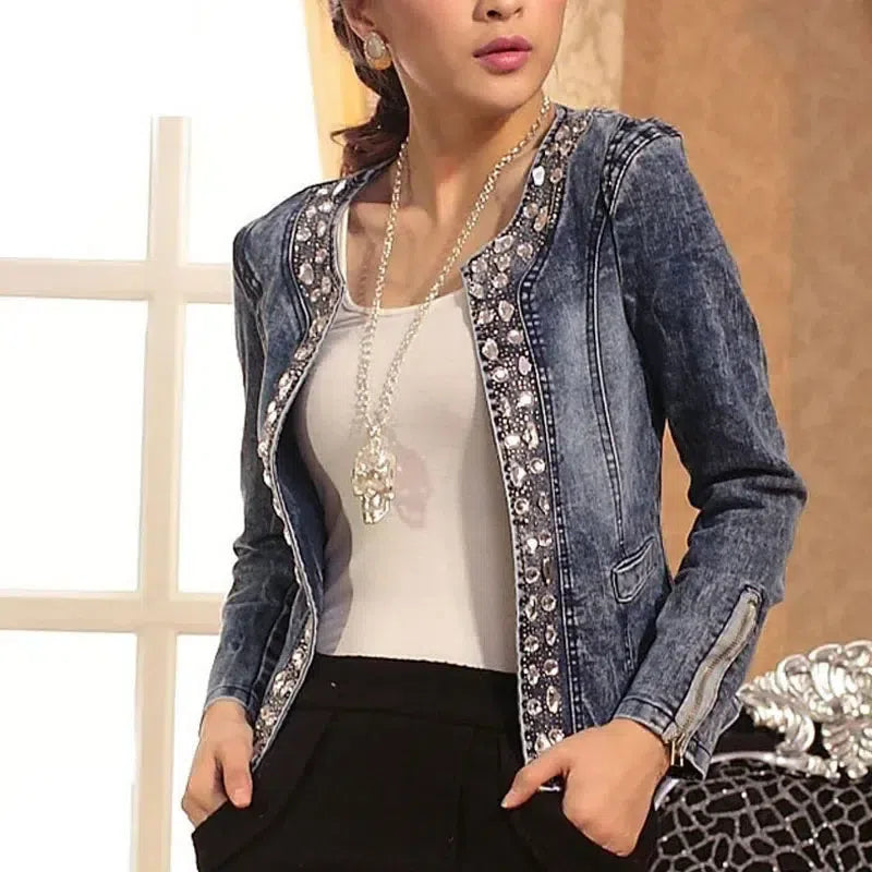 Women's Sequined Denim Jacket with Crystal Accents