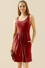 Doublju Full Size Round Neck Ruched Sleeveless Dress with Pockets-BURGUNDY-5