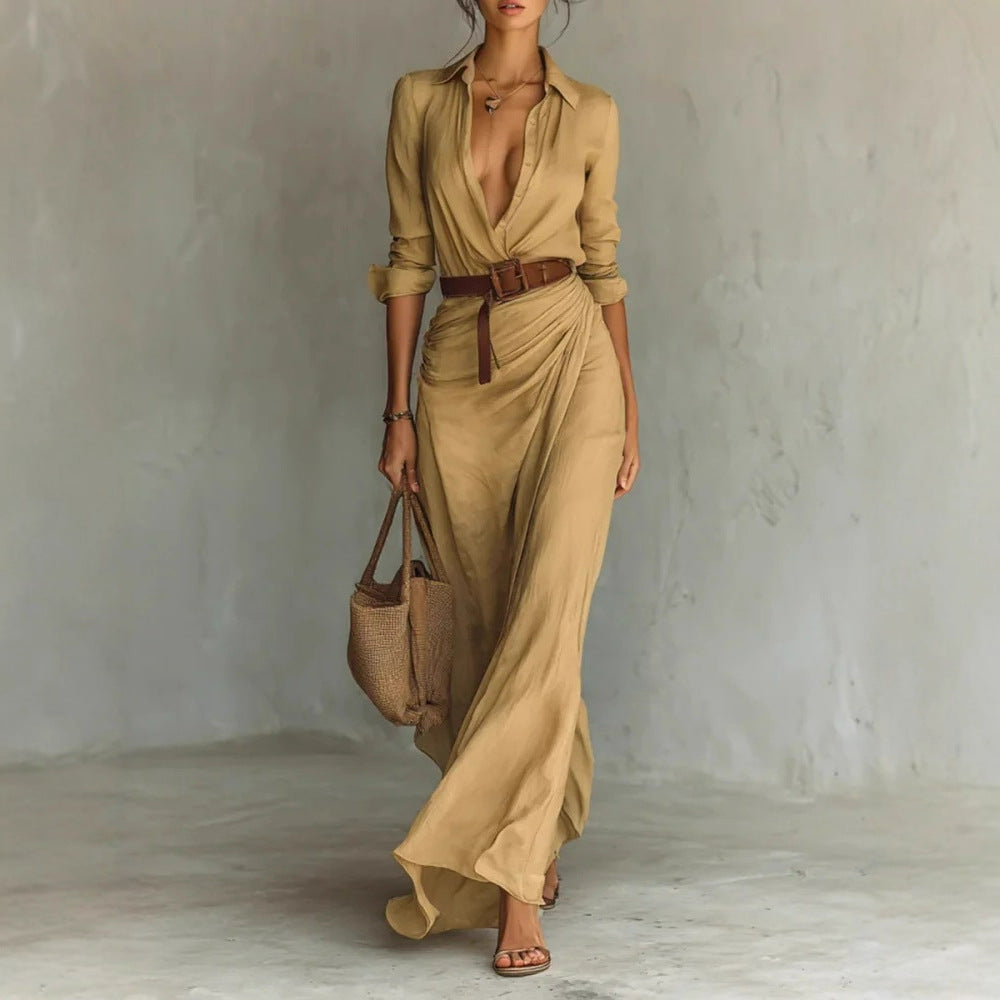 Chic Belted Irregular Long Shirt Dress