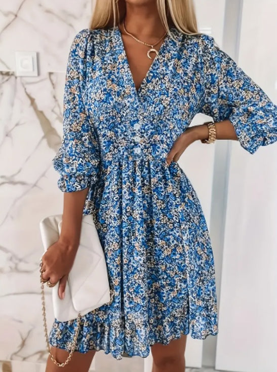 V-Neck Floral Print Short Sleeve Bubble Sleeve A-Line Dress