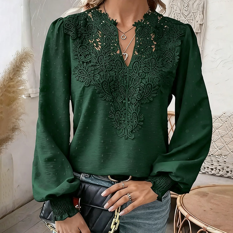 Lace Lantern Sleeve V-Neck Blouse