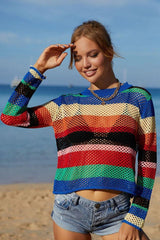 Angel Wings Rainbow Stripe Openwork Long Sleeve Cover-Up-5