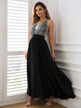 Contrast Sequin Sleeveless Maxi Dress-Black-1