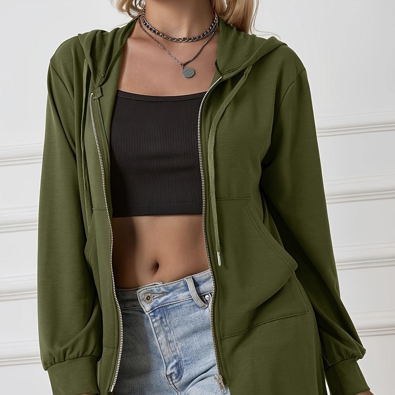 Women's Military Green Hooded Sweatshirt – Lightweight Zipper Jacket with Drawstring for Casual Sporty Style