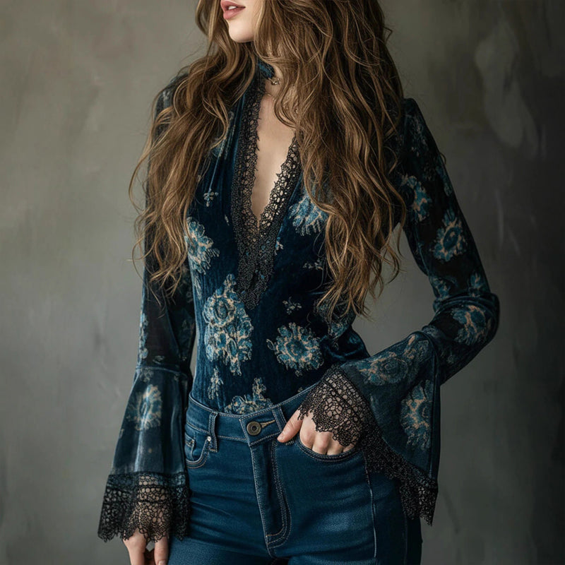 Retro Lace Panel V-Neck Blouse
