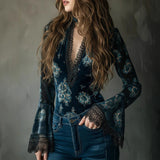 Women's Retro Lace Panel Blouse Elegant V-Neck Print Bell Long Sleeve Top For Spring Autumn Daily Wear