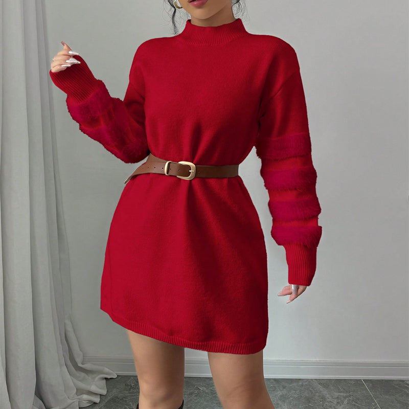 Plush Faux Fur Trim Mini Dress
