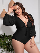 Plus Size Tied Deep V Balloon Sleeve One-Piece Swimsuit-5