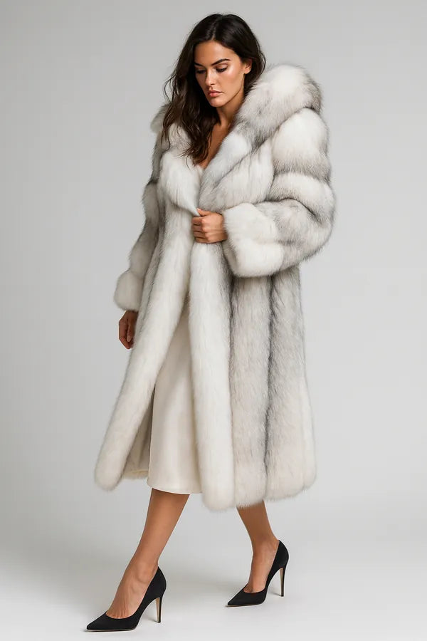 Women's long white faux fur coat with hood - luxury winter outfit