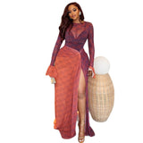 Women's Lightweight Sheer High-Low Skirt Round Neck Ruffled Long Sleeve Dress