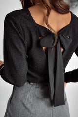 Bowknot V-Neck Long Sleeve Blouse-Black-4