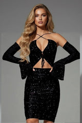 Glamorous black sequin cut-out dress with matching gloves and criss-cross neckline for women