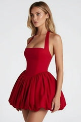 Playful red mini dress with halter neckline and balloon skirt, trendy party outfit for women