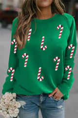 Candy Cane Round Neck Long Sleeve Sweatshirt-Dark Green-1