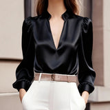 Women's Elegant V-Neck Long Sleeve Solid Color Satin Top Slim Fit Blouse For Office Party & Daily Wear