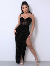 Sequin Spliced Mesh Adjustable Strap Dress-Black-1