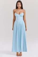 Blue Strapless Slimming Pleated Tight Dress-3